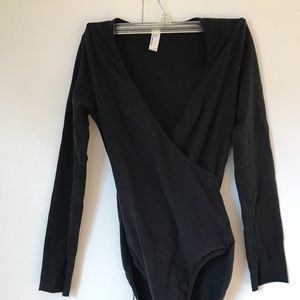 american apparel cross v neck black body suit